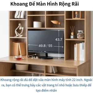Bàn học kèm kệ Modern-Deco có khoang rộng vừa màn hình 22 inch, trưng bày thêm vật trang trí và bưu thiếp.