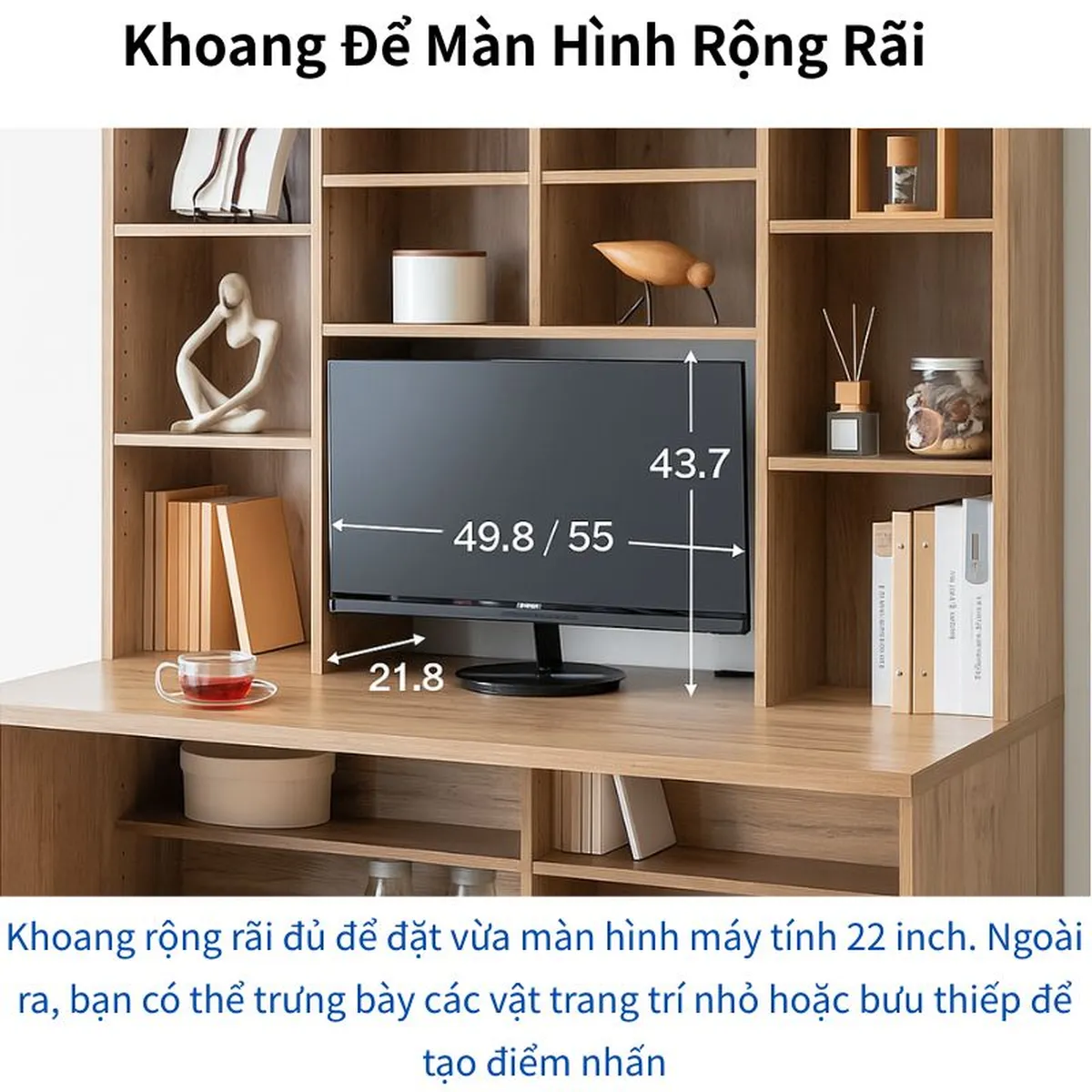 Bàn học kèm kệ Modern-Deco có khoang rộng vừa màn hình 22 inch, trưng bày thêm vật trang trí và bưu thiếp.