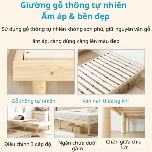 Giường gỗ Cuenca với 3 mức điều chỉnh chiều cao linh hoạt: thấp, trung bình và cao.
