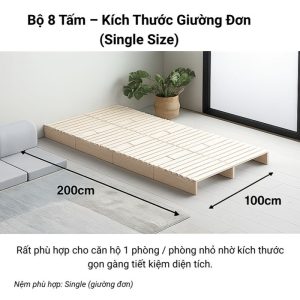 Giường pallet gỗ 8 tấm Single 100×200cm, nhỏ gọn cho căn hộ 1 phòng, tiết kiệm diện tích.