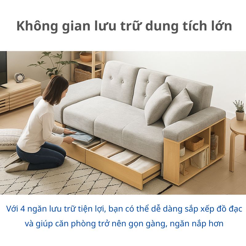 Sofa giường SS-001 Modern-Deco màu xám, thiết kế phong cách Japandi hiện đại.