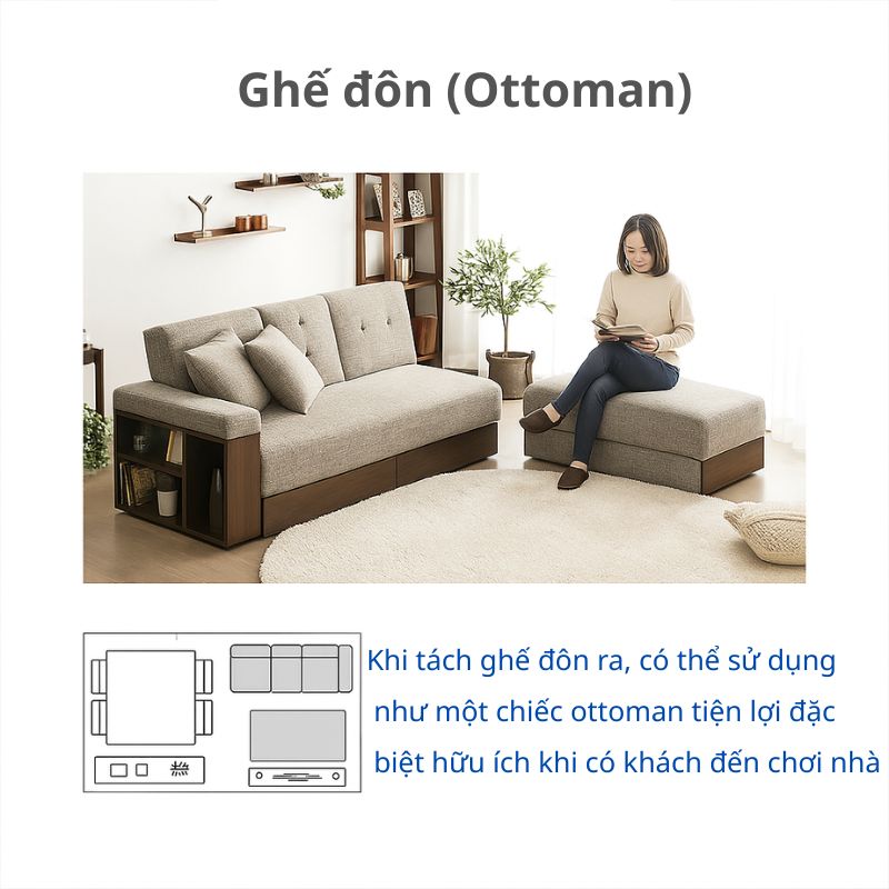 Sofa giường SS-001 Modern-Deco dạng góc, kèm ghế đôn tiện lợi.
