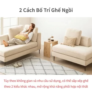 Sofa DS-069PF linh hoạt 2 cách bố trí – ghép sofa góc chữ L hoặc tách rời, phù hợp mọi không gian.
