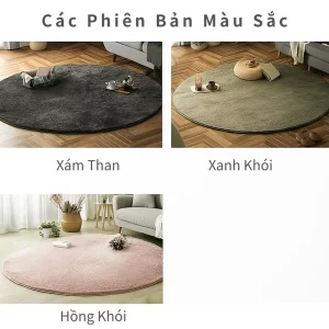 Thảm Shaggy tròn Modern Deco 200×200cm với 7 phiên bản màu: Xám Băng, Trắng Cổ Điển, Ghi Be, Nâu Mocha, Xám Than, Xanh Khói, Hồng Khói.