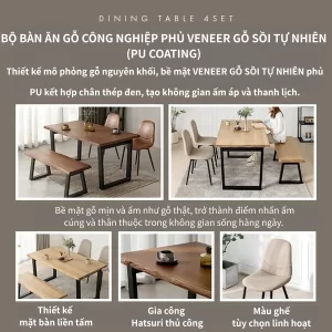 Bộ bàn ăn 4 món VS-DT01 phủ veneer gỗ sồi tự nhiên (PU coating), thiết kế hiện đại, tinh tế phù hợp không gian gia đình nhỏ.