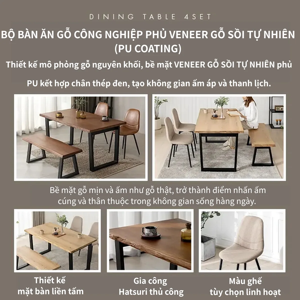 Bộ bàn ăn 4 món VS-DT01 phủ veneer gỗ sồi tự nhiên (PU coating), thiết kế hiện đại, tinh tế phù hợp không gian gia đình nhỏ.