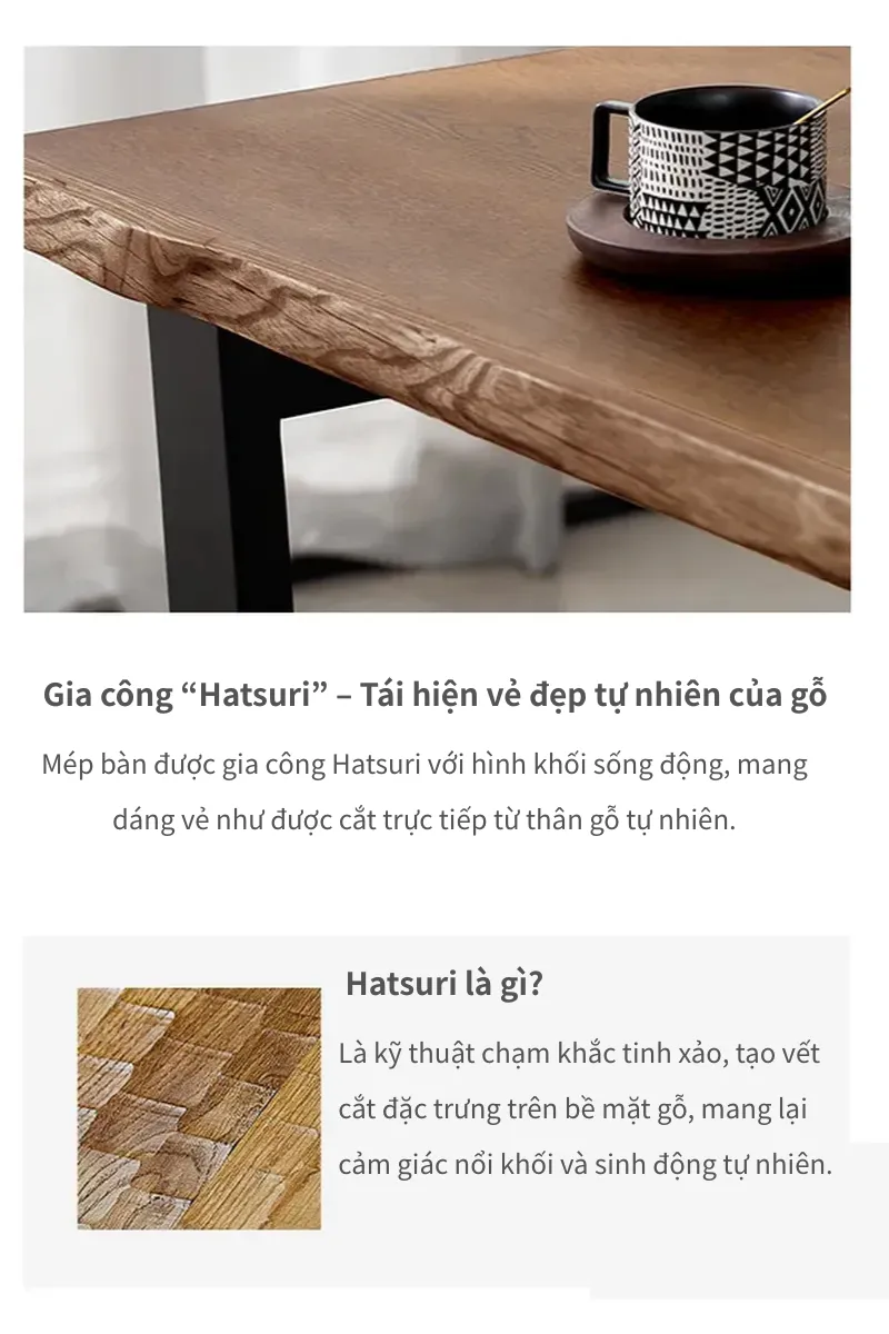 Chân bàn thép sơn đen mờ tạo tương phản tinh tế, kết hợp hoàn hảo với mặt gỗ veneer sồi tự nhiên.