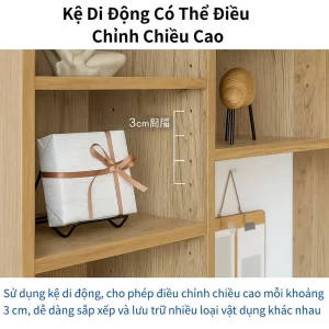 Bàn học Modern-Deco với kệ di động điều chỉnh chiều cao 3 cm, linh hoạt lưu trữ nhiều loại sách và đồ dùng.