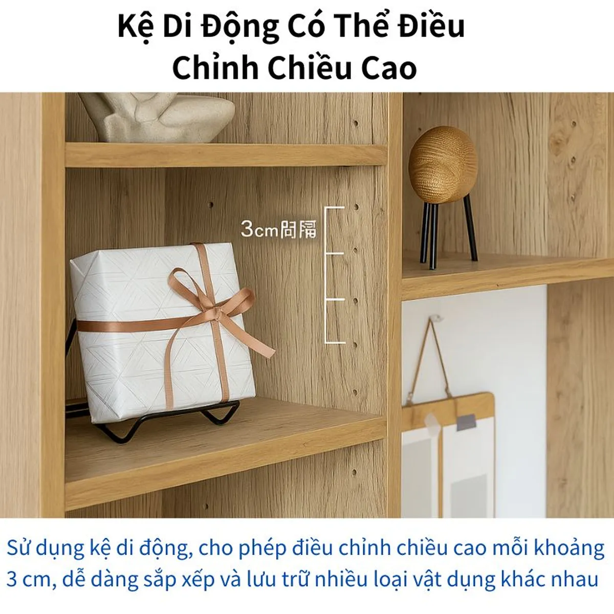 Bàn học Modern-Deco với kệ di động điều chỉnh chiều cao 3 cm, linh hoạt lưu trữ nhiều loại sách và đồ dùng.