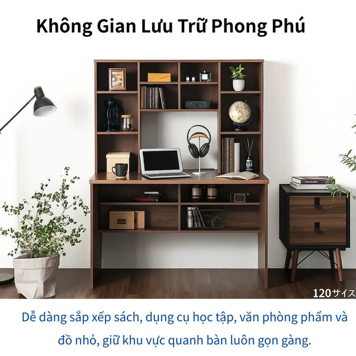 Bàn học kèm kệ Modern-Deco – thiết kế thông minh giúp lưu trữ sách vở, văn phòng phẩm gọn gàng và tập trung học tập.