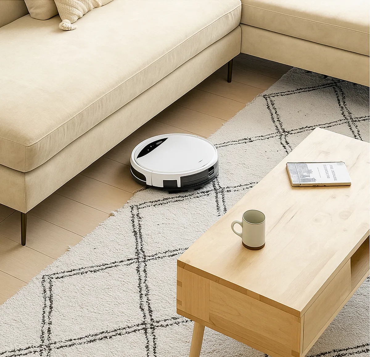 Sofa DS-069PF khoảng trống gầm 15 cm, robot hút bụi làm sạch dễ dàng.