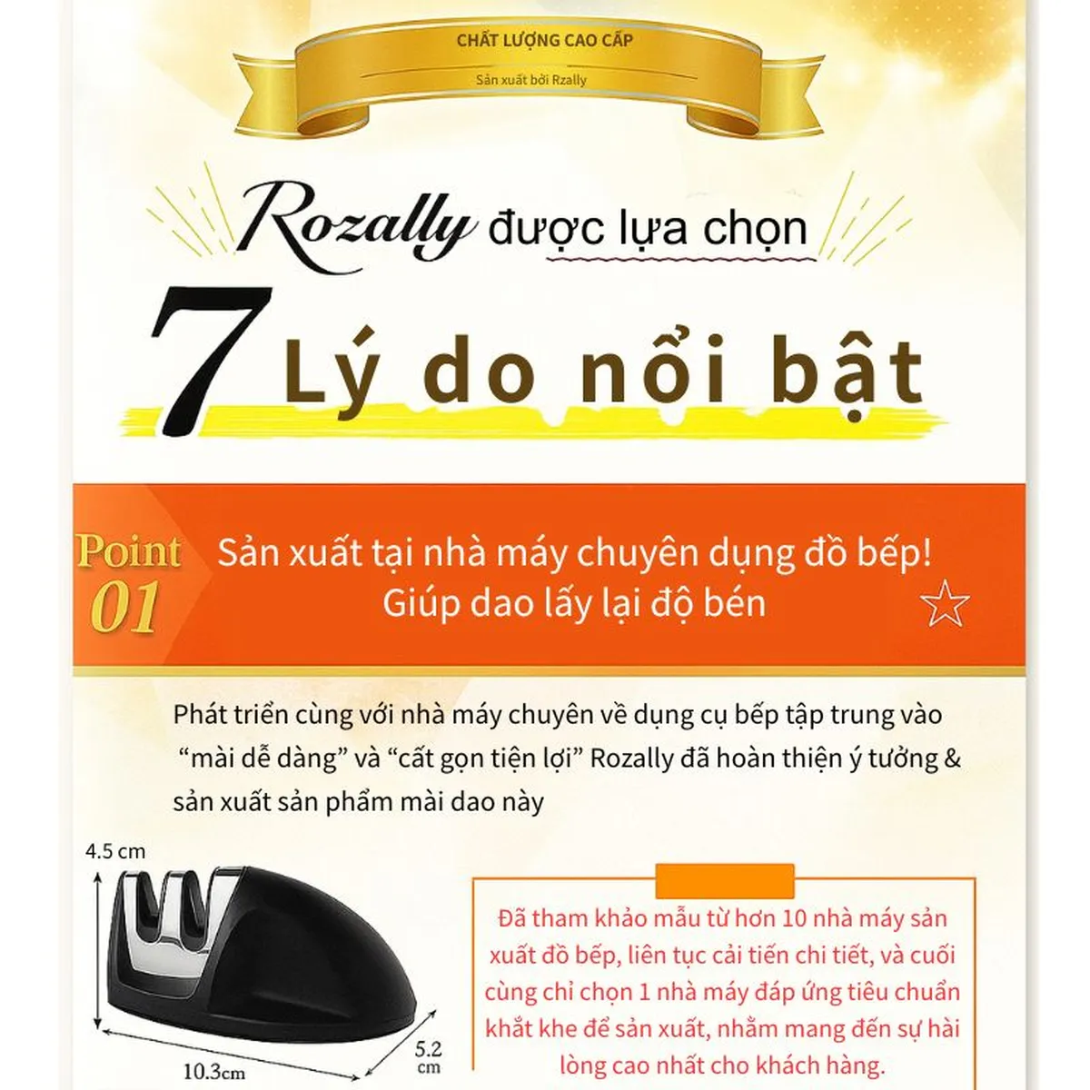 7 lý do chọn dụng cụ mài dao Rozally: nhà máy chuyên dụng, mài dễ, gọn bền, hướng dẫn chi tiết, giữ bén lâu, lên tạp chí, bán chạy.