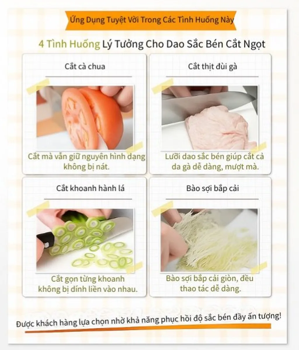 Minh họa cắt cà chua, thịt gà, hành lá, bắp cải sau khi mài bằng Rozally; đường cắt mịn, đều, không nát.