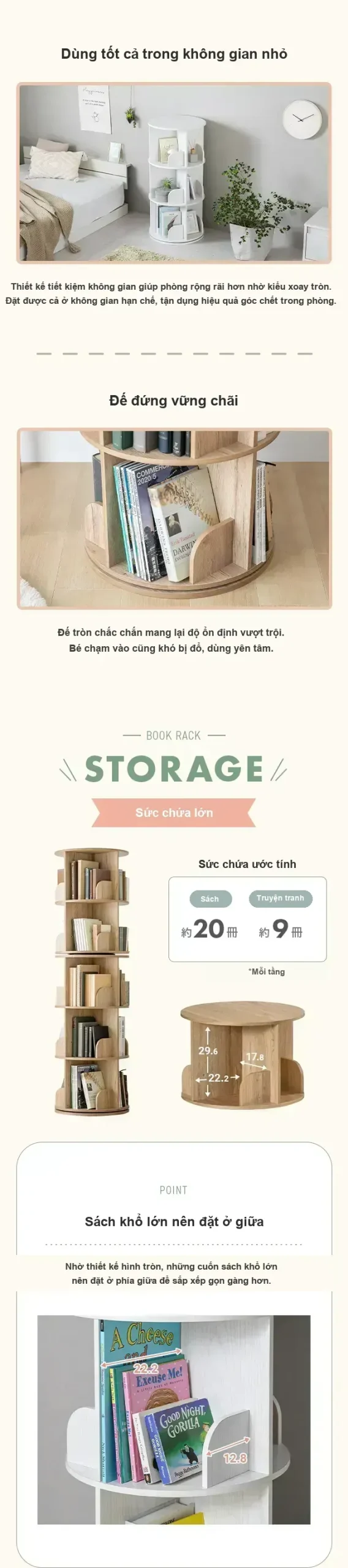 Kệ sách xoay HVSB04 rộng 46cm đặt gọn trong góc phòng