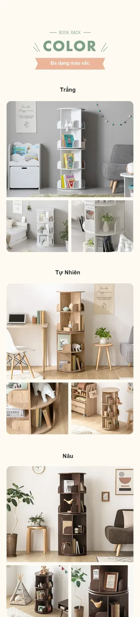 Kệ sách xoay HVSB04 ba màu: Trắng, Tự Nhiên và Nâu